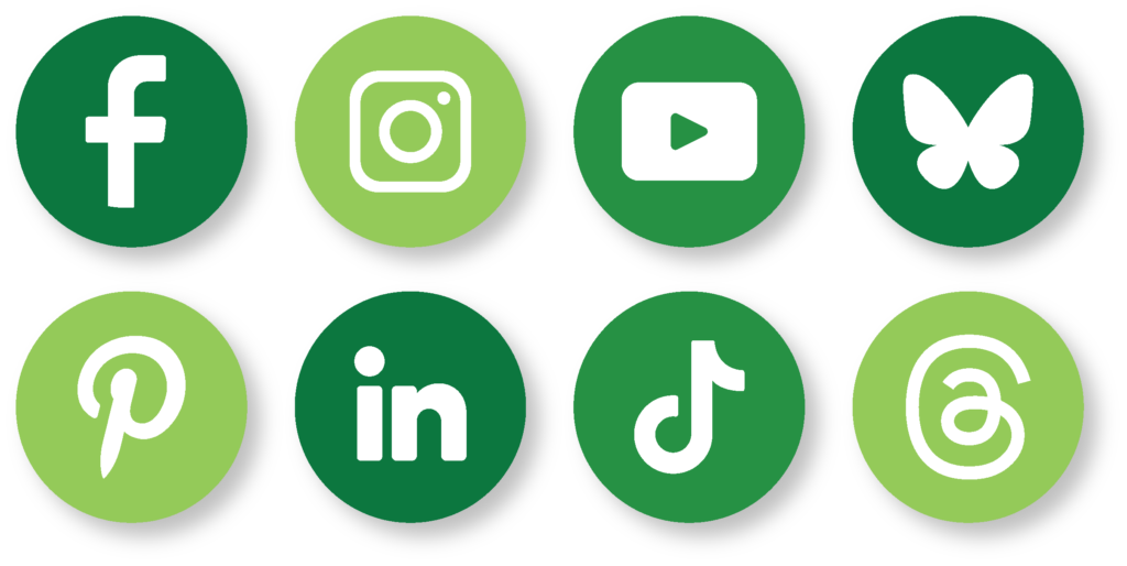 green social media icons Facebook, instagram, Youtube, bluesky, pinterest, linkedin, tik tok and threads