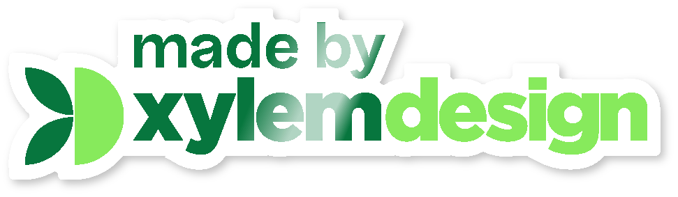 A green gradient logo with a leaf icon and text reading made by xylem design