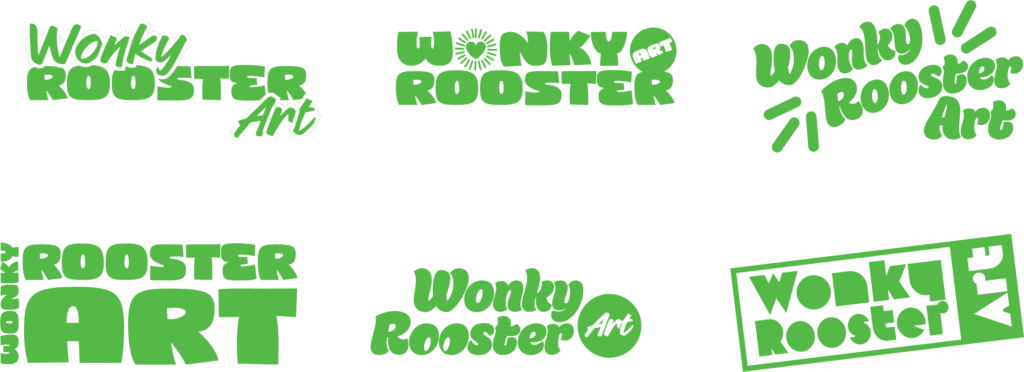 A collection of six green and white Wonky Rooster logos featuring playful, bold typography on a white background