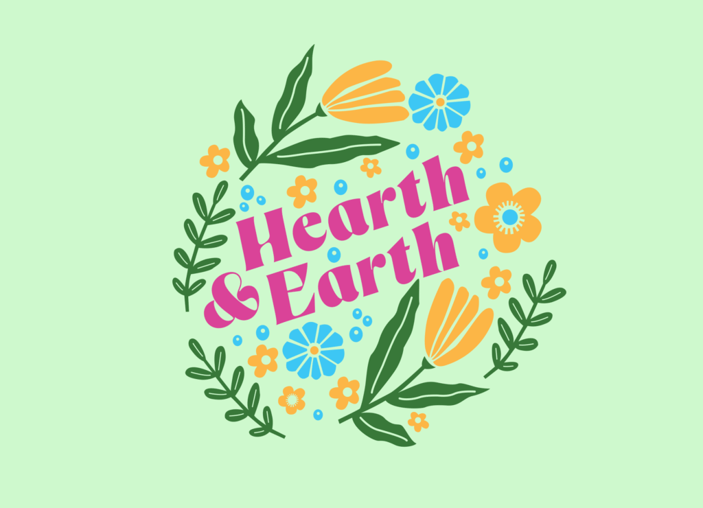 Hearth and Earth logo on a green background