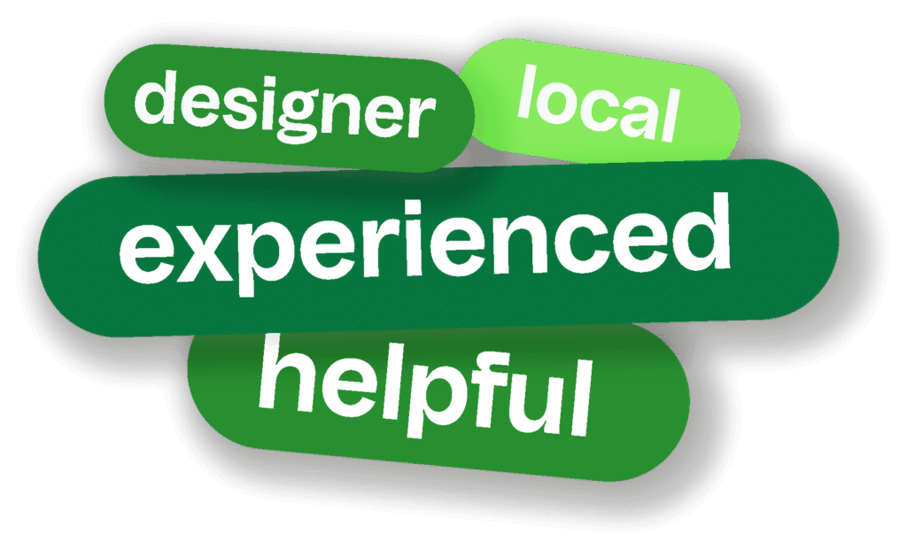 various words in white in green bubbles, says say designer local experienced helpful