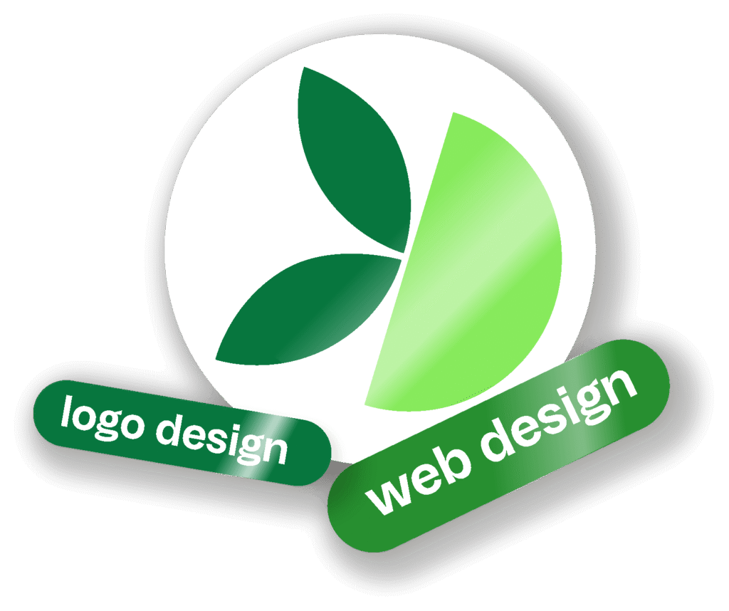 Green leaf graphic and circular icon for a professional logo design and web design agency