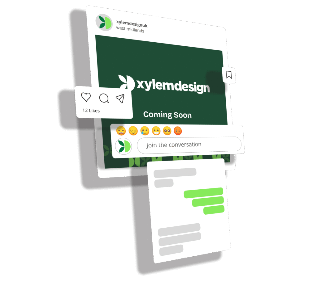 A 3d Graphic showing an xylem design social media post with coming soon announcement and social engagement icons
